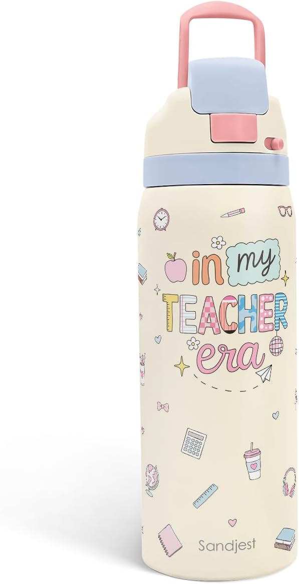 Teacher Stainless Steel Water Bottle, In My Teacher Era, Vacuum Insulated, Push-Button Lid, 32 oz, Gifts for Women Girls Friends Back to School Appreciation Birthday Christmas SANDJEST