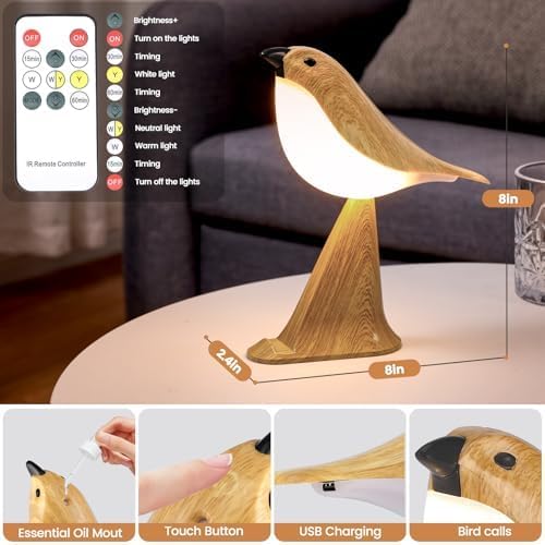 Small Cute Bird Table Lamp with Timer, Touch & Remote Control Bird Night Light, Cordless Bedside Lamps, Desk Lamp for Reading, 3-Way Dimmable USB Rechargeable Battery 2600mAh Nightstand Lamps, Decor - Bloomnest