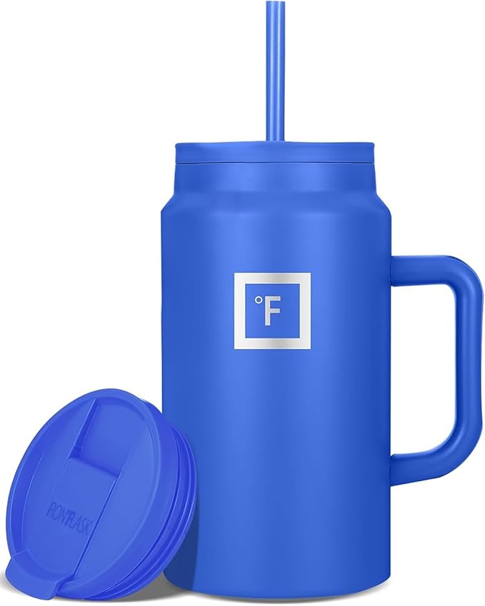 IRON °FLASK Co-Pilot Insulated Mug w/Straw & Flip Cap Lids - Cup Holder Bottle for Hot, Cold Drink - Leak-Proof - Water, Coffee Portable Travel Mug - Cobalt Blue, 50 Oz - Bloomnest