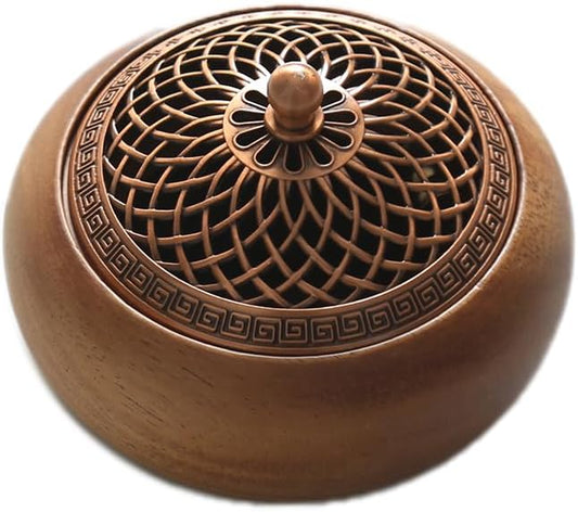 Round Incense Burner - Handcrafted Wooden Censer with Alloy Lid for Sticks/Cones/Sage, Natural Wood Aroma Tray Holder for Yoga Meditation