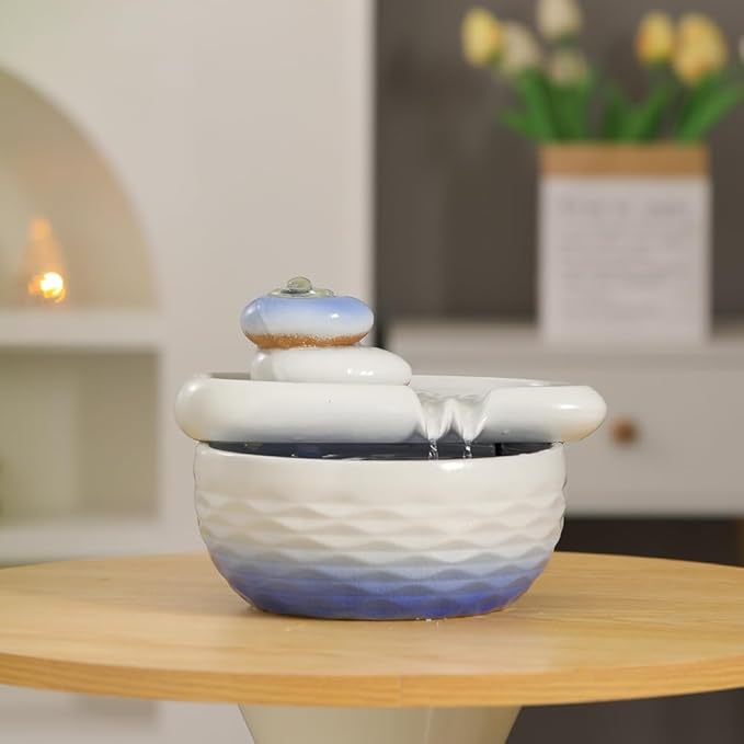 Ceramic Tabletop Desktop Fountain Water Feature Indoor Home Office Kitchen Decoration (White) - Bloomnest