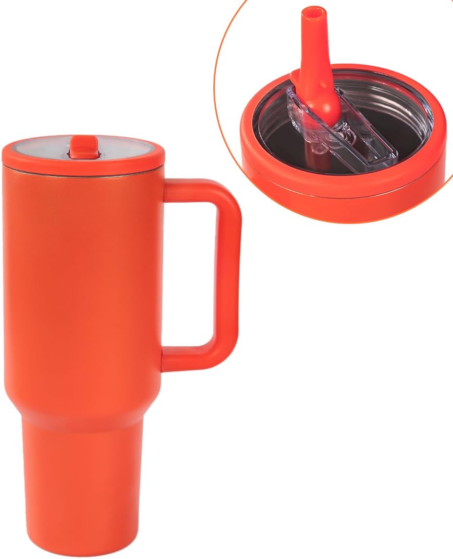 40 oz Insulated Tumbler with Handle,Flip Straw,Lid & Rubber Base Stainless Steel Water Bottle - Leak Proof Vacuum Insulated Mug BPA Free Reusable Travel Cup Gifts for Women/Men (Orange)