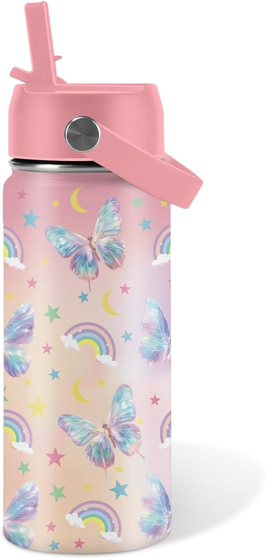 Butterfly Gifts - 16oz Pink Kids Water Bottle with Straw Lid, Stainless Steel Insulated Tumbler, Leakproof, BPA-Free, for Girls, School, Travel - Butterfly Rainbow Themed Birthday Gift Cup (1pc) - Bloomnest