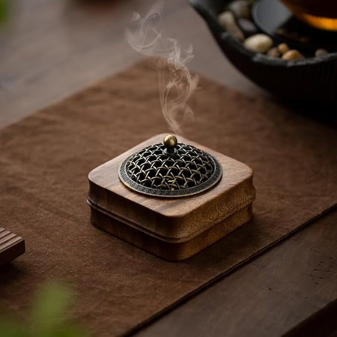 Bamboo Node Walnut Wood Incense Burner Holder - 4" Handcrafted Square Censer with Alloy Lid for Sticks/Cones/Yoga & Meditation (Natural Wood, Zen Home Décor)