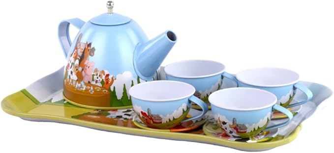 Regal Games Old Macdonald’s Tea Time - Barnyard Animal Designed Kid's Tea Time Set - Includes 1 Teapot, 4 Cups, 4 Saucers, 1 Platter & Storage Case - Ideal Birthday & Easter Gift for Ages 5+