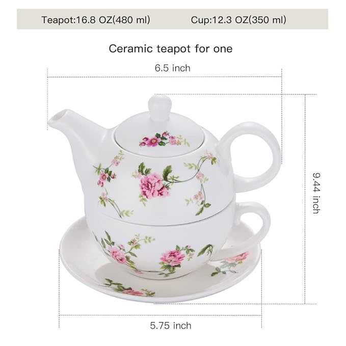 Porcelain Tea for One Set, Floral Ceramic Tea for One Teapot and Cup Set, 12oz Rattan Flowers Tea Set Gift for women - Bloomnest