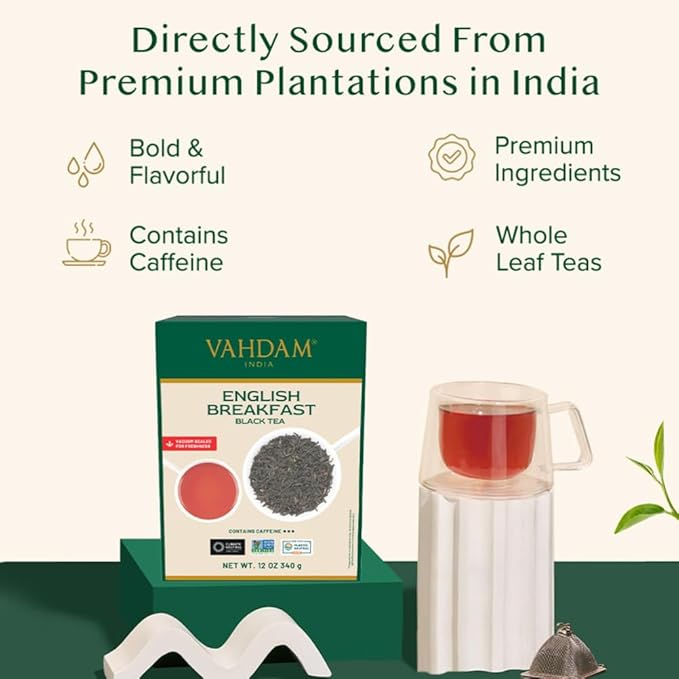 VAHDAM Original English Breakfast Tea (340g/12oz) 170+ Cups | Non GMO, Gluten Free | Strong & Aromatic Loose Leaf | Unblended Single Origin | Vacuum Sealed Pack - Bloomnest