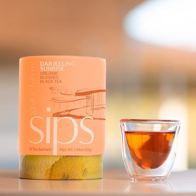 Grace Farms Organic Darjeeling Sunrise Black Tea, 16 Pyramid Sachets | Darjeeling & Orange | Fairtrade & Kosher |Gives Back 100% of Profits - Bloomnest