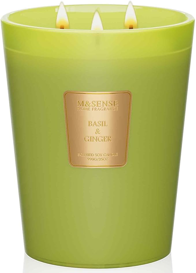M&SENSE Basil Ginger Scented Candle 35oz 150H Burn Time Long Lasting, 3-Wick Natural Aromatherapy Candle Highly Scented, Home Fragrance Housewarming Gifts - Bloomnest