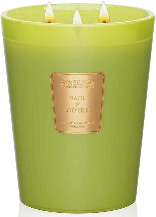 M&SENSE Basil Ginger Scented Candle 35oz 150H Burn Time Long Lasting, 3-Wick Natural Aromatherapy Candle Highly Scented, Home Fragrance Housewarming Gifts - Bloomnest