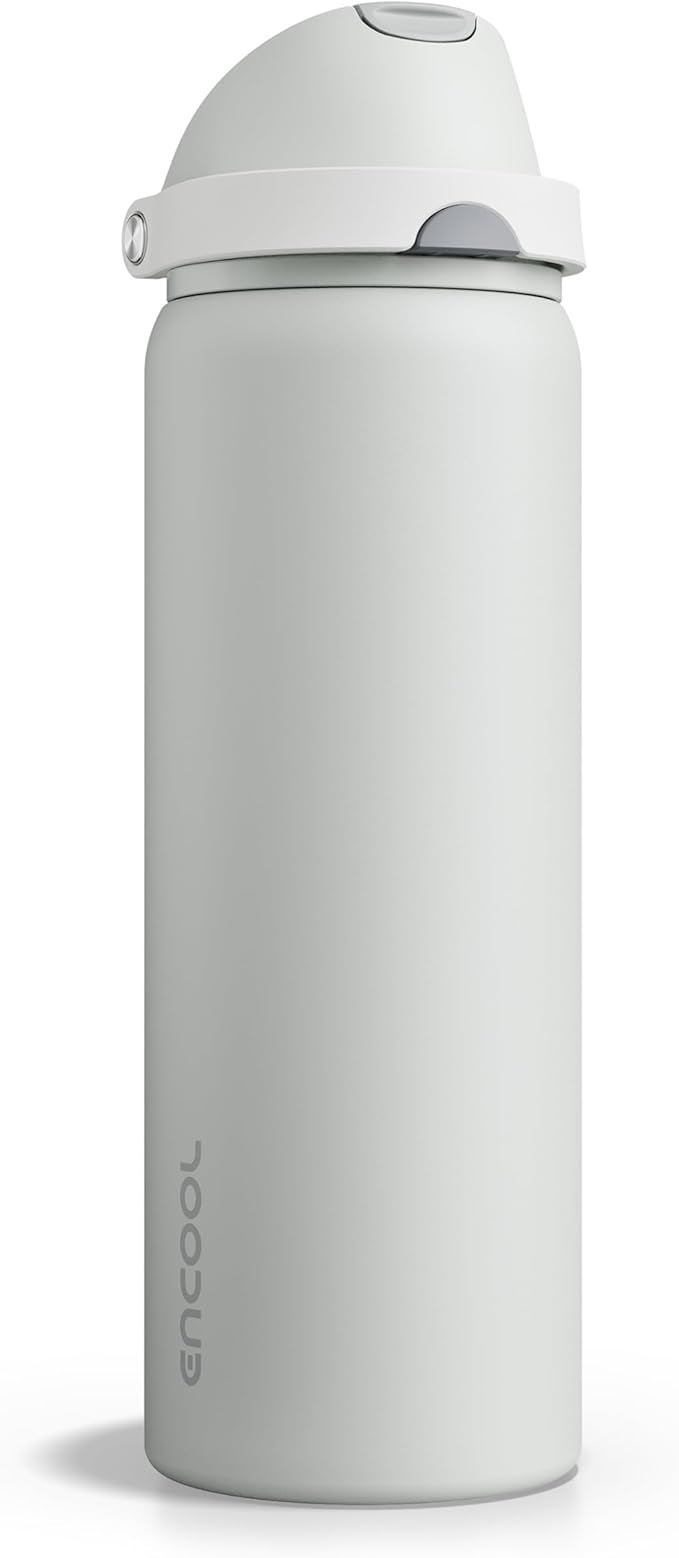 Insulated Water Bottle with Straw - Encool Stainless Steel Water Bottle with Push Button Lid, Leak-Proof & BPA-Free, Keeps Cold for 24 Hours for Sports, Travel, Gym (32 oz, Silver Grey) ENCOOL