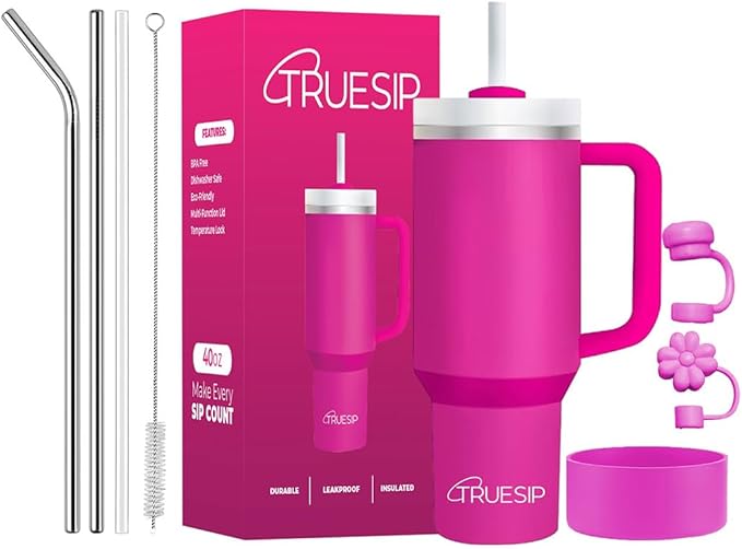 Ultimate 40oz All in One Tumbler - Leak Proof Stainless Steel Tumbler - Includes Silicone Boot, 3 Straws, 2 Straw Caps, & Cleaning Brush (Fuchsia) - Bloomnest