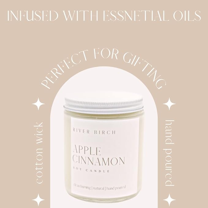 River Birch Candles Apple Cinnamon Scented Candle | Premium, All-Natural, Non-Toxic, Soy Candles | 8.5oz 40 Hr Burn Time | Cozy Relaxing Gifts for Home - Bloomnest