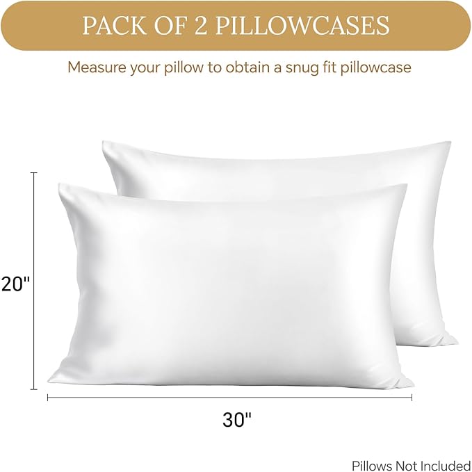 INFIIXSO Mulberry Silk Pillowcase 2 Count, Silk Pillow Cases Queen Size Set with Hidden Zipper 20x30 Inches, Ultra Smooth and Soft Cooling Pillow Cases for Hot Sleepers (White, 2 Count) - Bloomnest