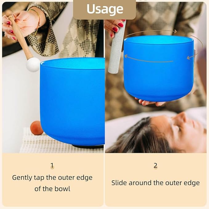 8 inch Blue G Note Throat Chakra Quartz Crystal Singing Bowl, for Healing Mindfulness Meditation Yoga Sound Baths, with Rubber Mallet O-ring - Bloomnest