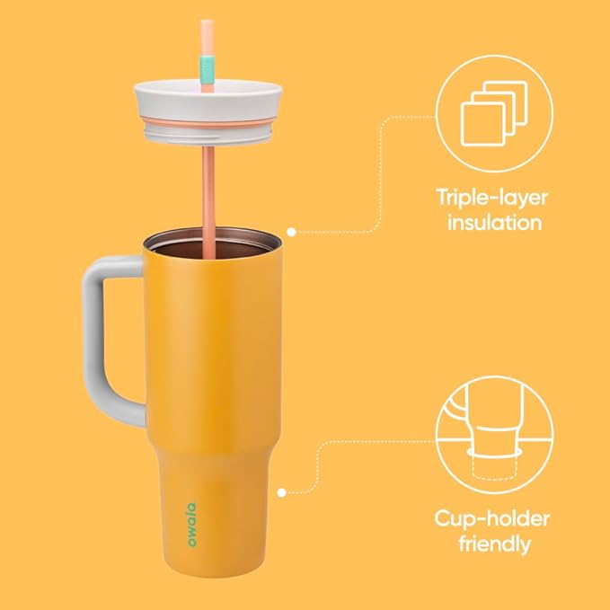 Owala Stainless Steel Triple Layer Insulated Travel Tumbler with Spill Resistant Lid, Straw, and Carry Handle, BPA Free, 40 oz, Orange (Tropical) - Bloomnest