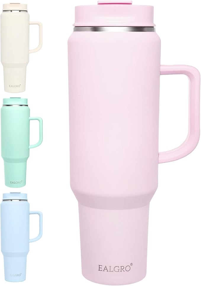 50 oz Tumbler with Handle, Insulated Tumblers with Lid and Straw, Large Metal Sports Water Bottle Jug, Thermal Stainless Steel Travel Coffee Mug Cup, Blush - Bloomnest