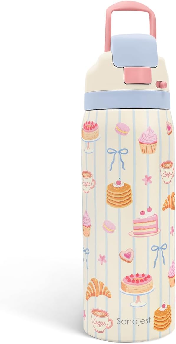 Desserts Stainless Steel Water Bottle, Vacuum Insulated, Push-Button Lid, 32 oz, Gifts for Women Girls Friends Teens Birthday Christmas SANDJEST