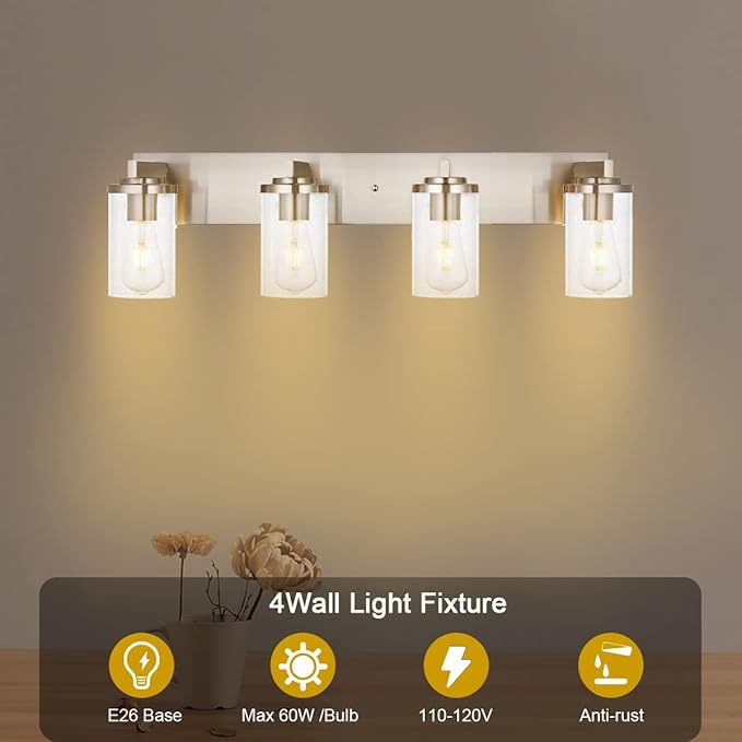 BONLICHT 4-Light Bathroom Light Fixtures Brushed Nickel Wall Sconce Lighting Modern Vanity Lights with Seeded Glass, Industrial Bathroom Farmhouse Wall Lamp for Mirror Kitchen Bedroom Living Room - Bloomnest