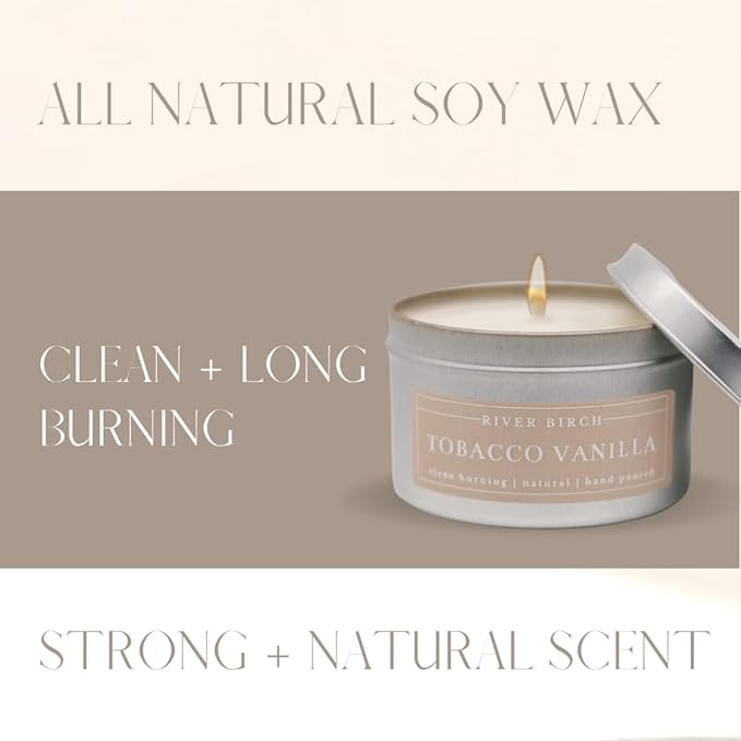 River Birch Candles Tobacco Vanilla Scented Candle | Premium, All-Natural, Non-Toxic, Soy Candles | 8 oz. Silver Tin Travel Candle | Cozy Relaxing Gifts for Home - Bloomnest