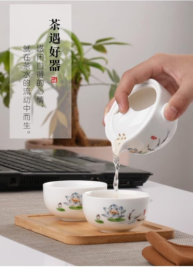 Convenient Teapot Cup Porcelain Teacup White Glazed Travel tea set (Colorful lotus set) - Bloomnest