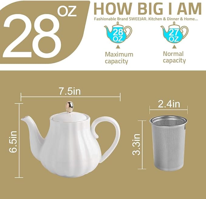 Sweejar Royal Teapot, Ceramic Tea Pot with Removable Stainless Steel Infuser, Blooming & Loose Leaf Teapot - 28 Ounce(Jade) - Bloomnest