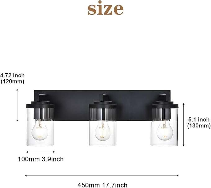 BONLICHT Modern 3-Light Vanity Light Fixture Black Bathroom Wall Light Over Mirror with Clear Glass Shade, Rustic Vintage Wall Sconce Lighting Farmhouse Wall Mounted Lamp for Powder Room Hallway - Bloomnest