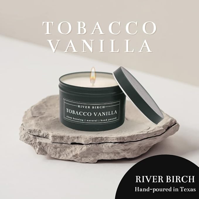 River Birch Candles Tobacco Vanilla Scented Candle | Premium, All-Natural, Non-Toxic, Soy Candles | 8 oz. Black Matte Tin Travel Candle | Cozy Relaxing Gifts for Home - Bloomnest
