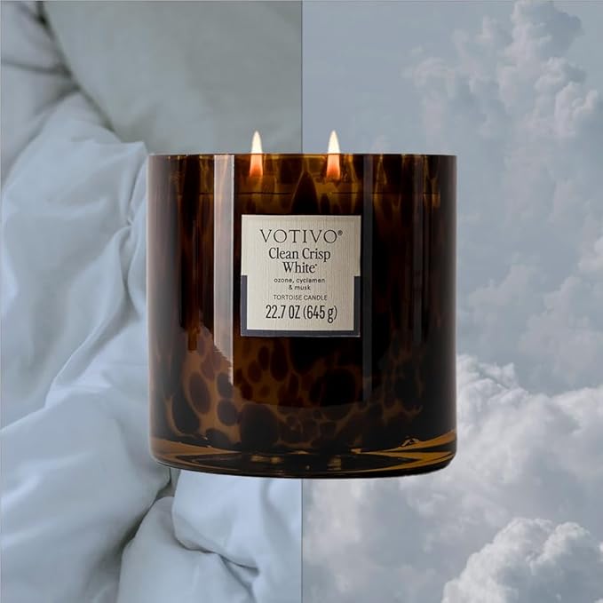 Votivo Clean Crisp White Tortoise Scented Candle | 22.7 oz Soy Wax Blend | Luxurious Cotton Scent | Decorative Home Decor Tortoiseshell Pattern | 100 Hour Burn Time - Bloomnest