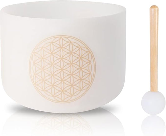 Singing Bowls 528hz C Note 8-Inch Flower Of Life Crystal Singing Bowl With A Free Mallet And O-Ring For Sound Healing, Meditation, Yoga, And Sound Baths