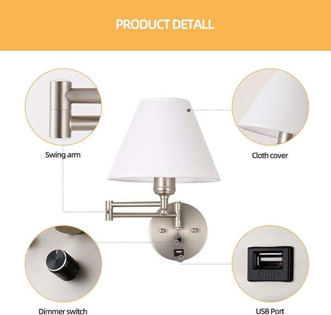 Swing Arm Wall Sconces, Plug-in Wall lamp,Bedroom Wall lamp ， White Fabric Shade，，with dimmable Switch and USB Charging Port, Suitable for Bedside, Living Room, Reading (Nickel) - Bloomnest