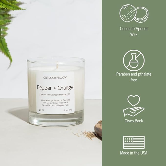 Outdoor Fellow Pepper + Orange Candle, 8oz, Coconut & Apricot Wax Blend, Bergamot, Neroli, Chili Pepper, 40+ Hour Burn Time, Citrus Scented Candle, Vibrant Home Fragrance - Bloomnest
