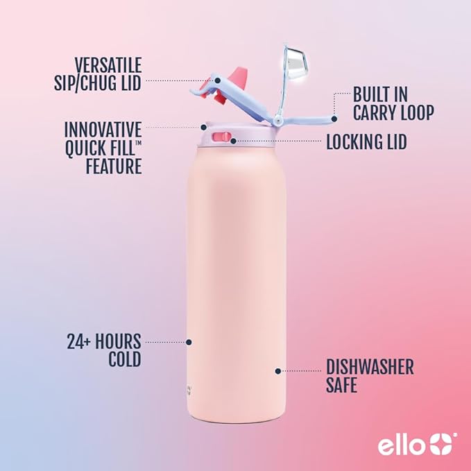 Ello Pop & Fill Insulated Stainless Steel Water Bottle with Quick Fill Lid, Leakproof Locking, Sip or Chug Spout, BPA-Free, Double Wall Vacuum Insulated for Sports, Travel & School- 22oz / 32oz / 40oz Ello