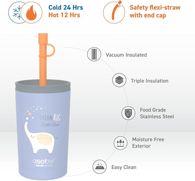 asobu Stainless Steel Kids Tumbler with Flexible Straw Lid | Insulated Water Bottle | Reusable Travel Cup 12 Ounce (Blue) - Bloomnest