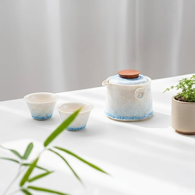 Hermit Life Chinese Travel Tea Set, Portable Ceramic Teapot for One to Two, Gongfu Tea Set with Crystal Glaze, 1 Pot 2 Cups, Gift for Tea Lovers (Icy Blue) - Bloomnest