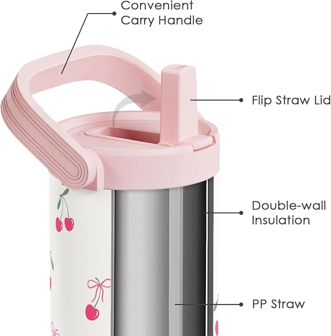 SANDJEST Cherry Stainless Steel Straw Lid Tumbler 30oz with Carry Handle for Women Girls, Insulated Travel Coffee Cup, Gift for Sports Outdoor Workout Christmas Birthday - Bloomnest