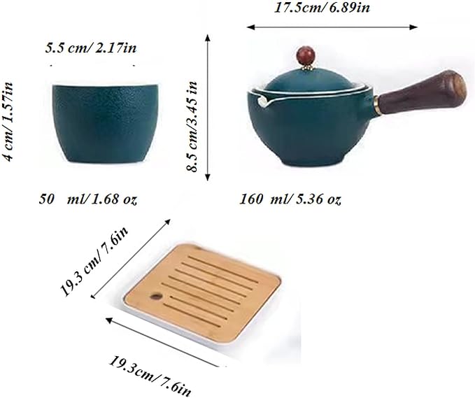 Ceramic Portable Travel Tea Set, Chinese Kungfu Tea Set with 360 Rotation Teapot and Infuser, 4 Tea Cups, Tea Tray And Travel Bag (Green)