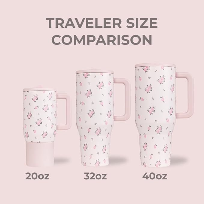 HydroJug Traveler - 40 oz Water Bottle with Handle & Flip Straw - Fits in Cup Holder, Leak Resistant Tumbler-Reusable Insulated Stainless Steel & Rubber Base - Gifts for Women & Men, Wildrose - Bloomnest