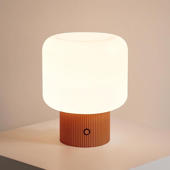 Halo Mushroom Lamp, 5W Cute Cordless Rechargeable Table Lamp with Glass Shade, 3-Color Dimmable Small Retro Touch Bedside Lamp for Bedroom Ambient Decor (Orange) - Bloomnest