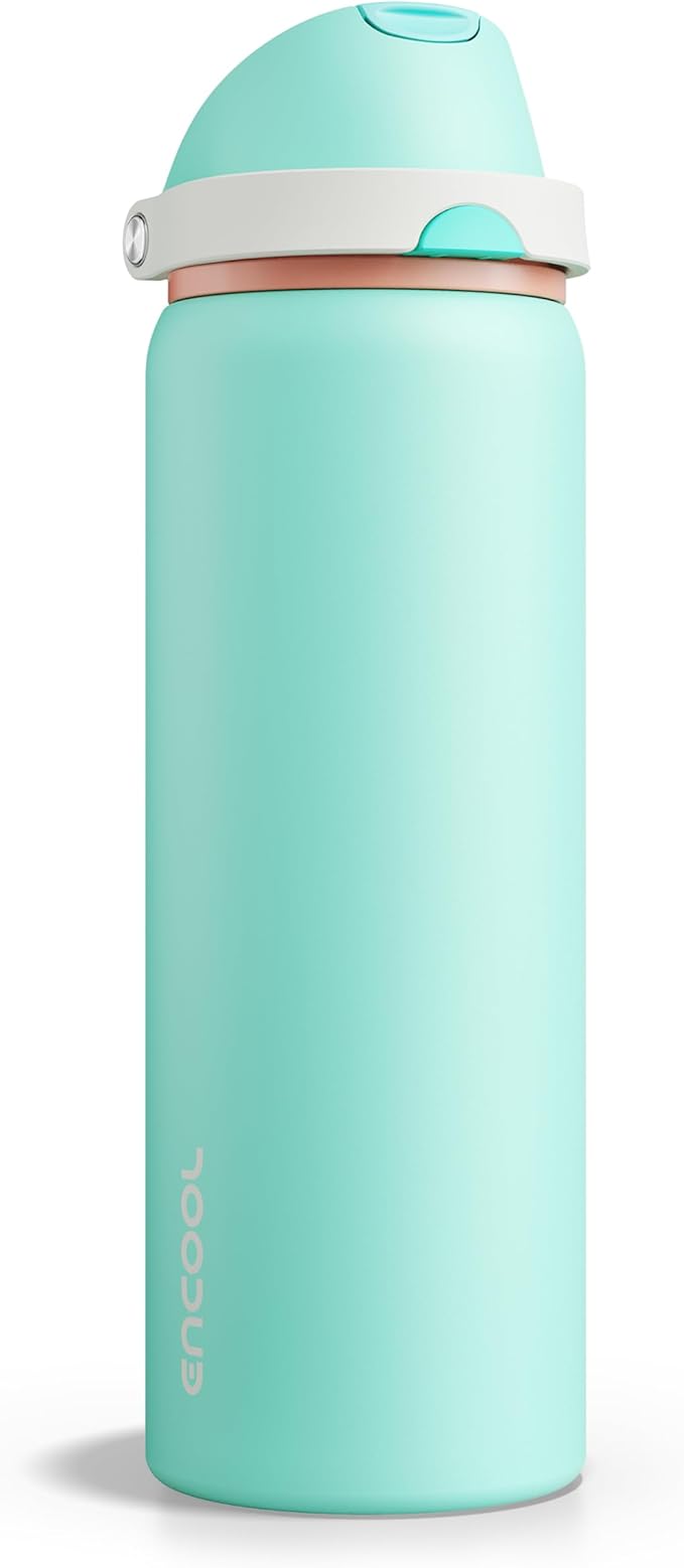 Insulated Water Bottle with Straw - Encool Stainless Steel Water Bottle with Push Button Lid, Leak-Proof & BPA-Free, Keeps Cold for 24 Hours for Sports, Travel, Gym (32 oz, Turquoise) ENCOOL