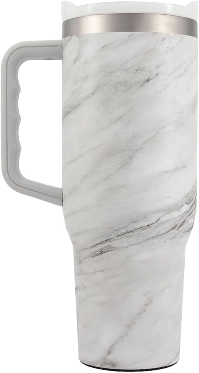 Yukon Outfitters Fit Forty 40oz Double Wall Vacuum Insulated Stainless Steel Tumbler with Reusable Straw & Ergonomic Handle | For Hot or Cold Beverage, White Marble - Bloomnest