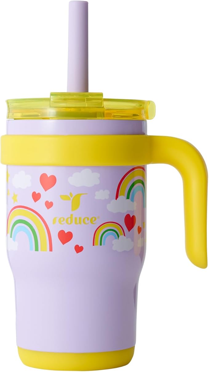 REDUCE 14 Oz Coldee Kids Tumbler with Lid and Straw - Coldee Insulated Travel Mug - Spill-Proof, Sweatproof Stainless Steel, BPA-Free - Includes Handle, Reusable Silicone Straw - Rainbow Sky - Bloomnest