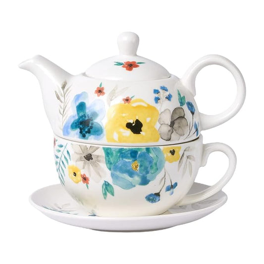 Porcelain Tea Set for One - Hand Painted Watercolor Floral Teapot and Cup, Gift for Women, Blooming Flowers - Bloomnest