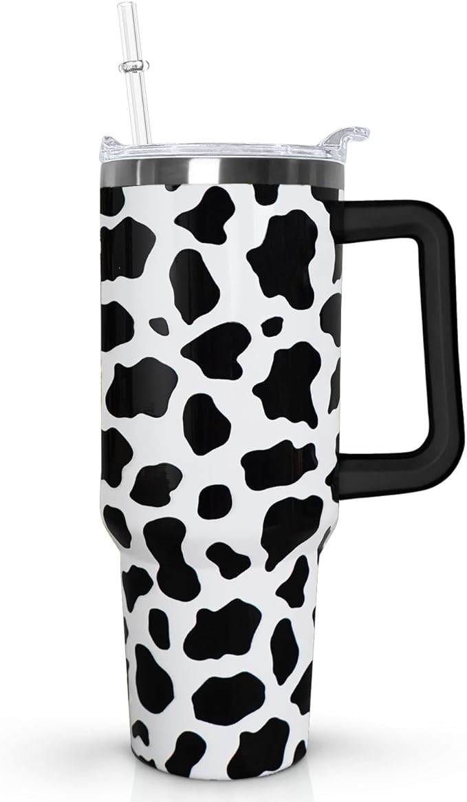 Ceovfoi 40 Oz Cow Tumbler With Handle,Cow Print Coffee Travel Mug Cup Water Bottle,Cow Print Decor,Cow Gifts for Women - Bloomnest