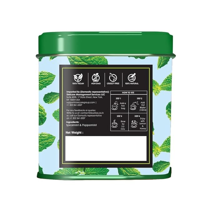 BLUE TEA - Super Mint Tea - 30 Count - Pyramid Plant Based Tea Bag | Super Antioxidant | Herbal Tea - Caffeine Free - Non-Bitter - Calming Tea - Vegan - Non-GMO - 100% Natural | Tin Pack - Bloomnest