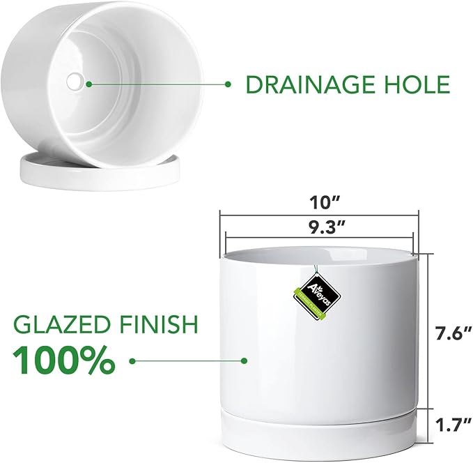 Aveyas 10 inch Ceramic Planter Pot with Drainage Hole and Saucer - Suitable for Indoor and Outdoor Use, Modern Planters for House Garden Flower Tree Snake Monstera Plants (10", Glossy White) - Bloomnest