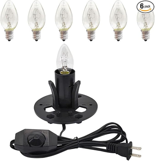 Himalayan Salt Lamp Cord with Dimmer Switch and Bulbs, 6FT Original Replacement Cord with Base Assembly 3.35 Inches, 6-Pack 15 Watt E12 Halogen Salt Lamp Bulbs for Salt Rock Lamp