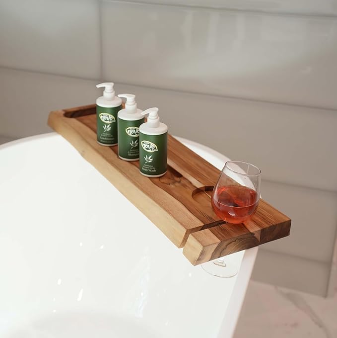 EcoDecors Eleganto 30" Live Edge Solid Teak Bath Caddy Tray with Handle, Book & Tablet Holder, Wine Glass Holders, Luxury Bathtub Tray - Bloomnest