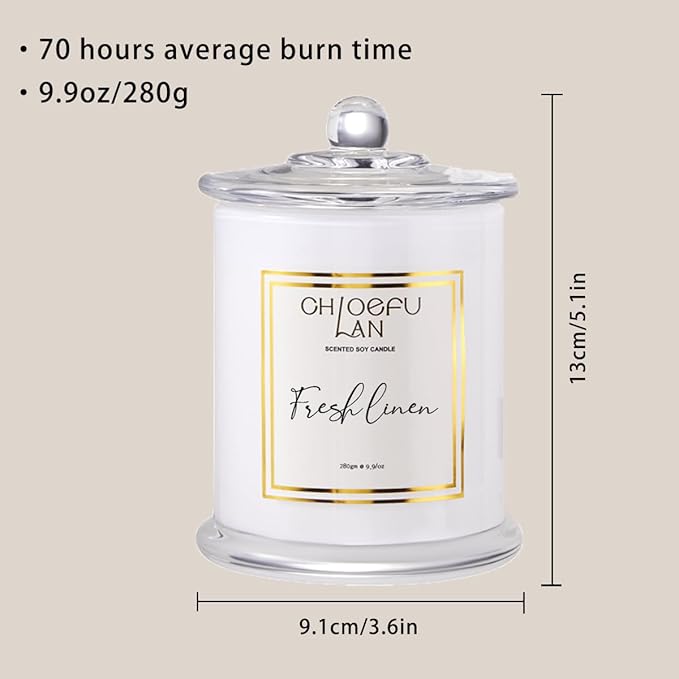 Chloefu LAN White Linen Candles, Luxury Scented Soy Jar Bathroom Candle, Highly Fragranced, Odor Eliminating Candles for Home, Air Freshing Soy Candle, White Glass Jar, Essential Oils, 75 Hours 10 oz - Bloomnest