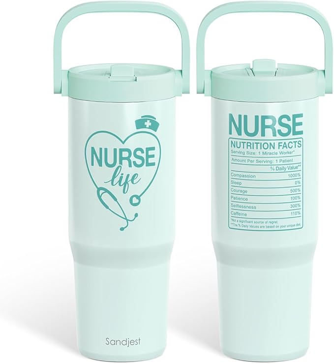 SANDJEST Nurse Life Stainless Steel Straw Lid Tumbler 30oz with Carry Handle for Women Girls, Insulated Travel Coffee Cup, Gift for Sports Outdoor Christmas Birthday Nurses Week Nursing School - Bloomnest